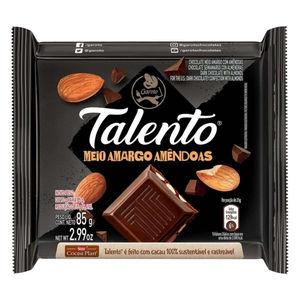 BARRA DE CHOCOLATE GAROTO TALENTO  MEIO AMARGO AMÊNDOAS 85g,